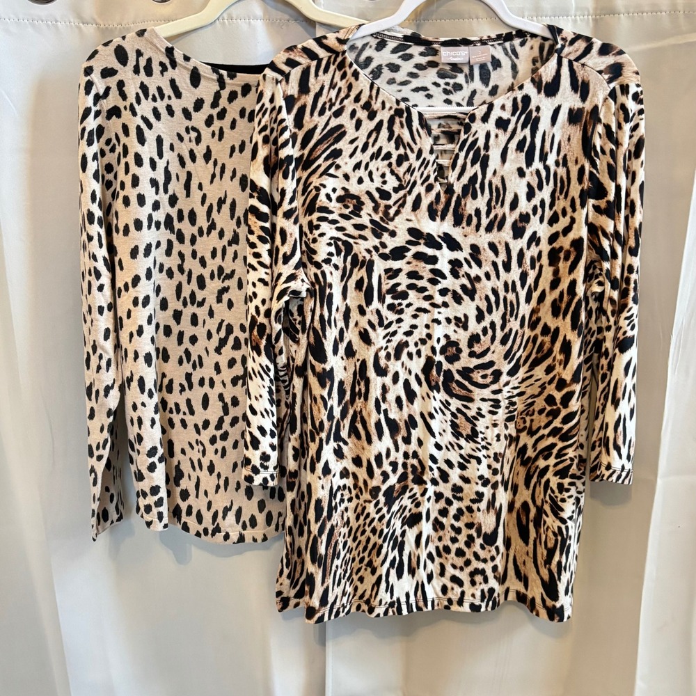2 Chicos Womens Sweater Large Leopard Animal Print Bundle Classic Mob Wife 20115 - Picture 1 of 13